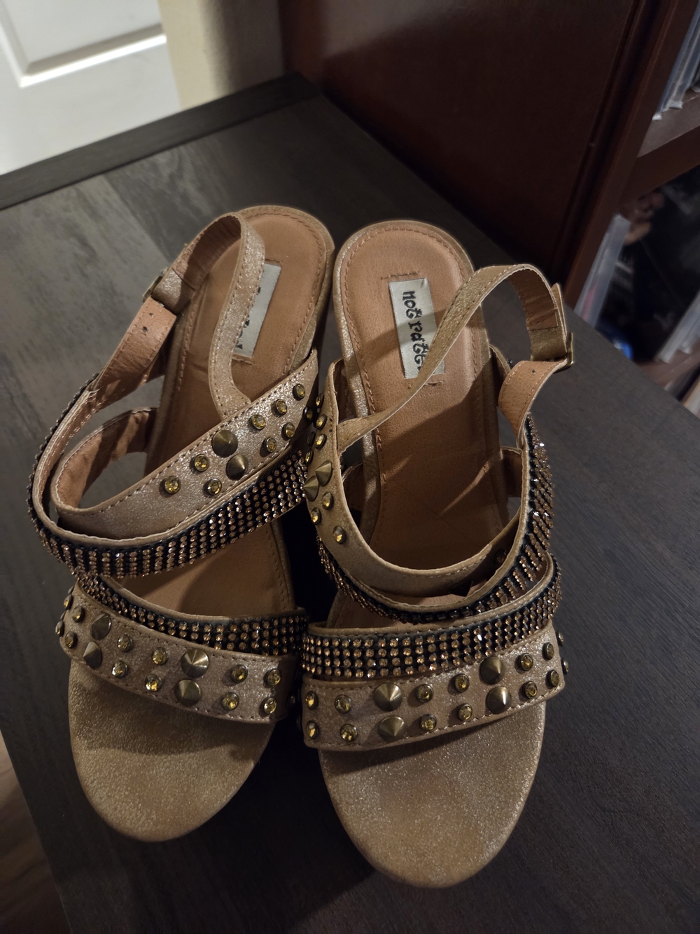 Not Rated Tan Studded Wedge Sandals with Metallic Bead Trim